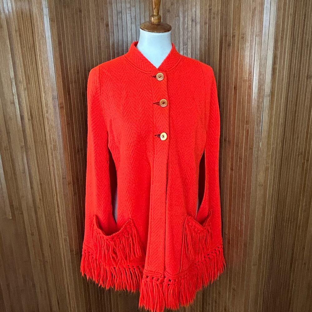 Vintage 60s 70s Red Vermiilion Knit Cape Cardigan Poncho Fringe